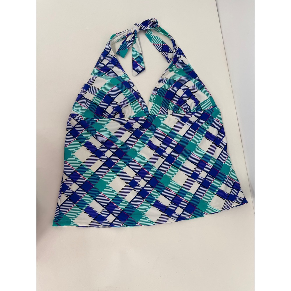 Catalina Womens Sz XL Blue Plaid Halter Tankini Swim Top Padded